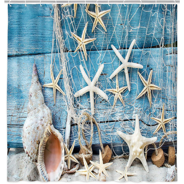 Strand sjöstjärnor och snäckskal Duschdraperi, blågrönt rustikt set dekor, World Marine Life Print Vattentätt polyestertyg Badrumstillbehör