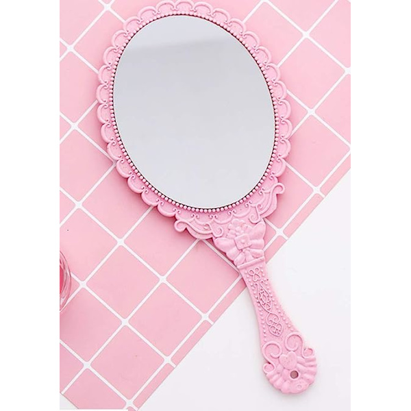 Handspegel Vintage Handhållen Spegel med Handtag Vanity Makeup Spegel T pink
