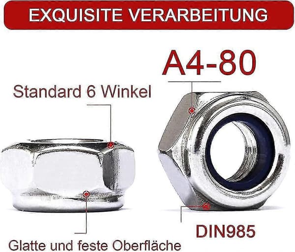Förpackning med 10 sexkantsmuttrar Din 985 M12 låsmutter Standard A4-80 rostfri mutter