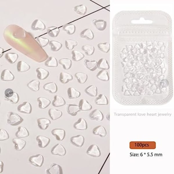 200 st Clear Heart Nail Art Charms, 3D blandad storlek Love Hearts Rhinest