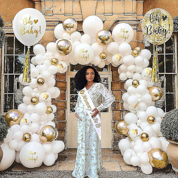 Baby Shower Dekorationer Pojke Eller Flicka, Vita Och Guld Baby Shower Dekorationer Med Mummy To Be Sash, Baby Shower Banner, Tryckta Ballonger Och Oh Baby C