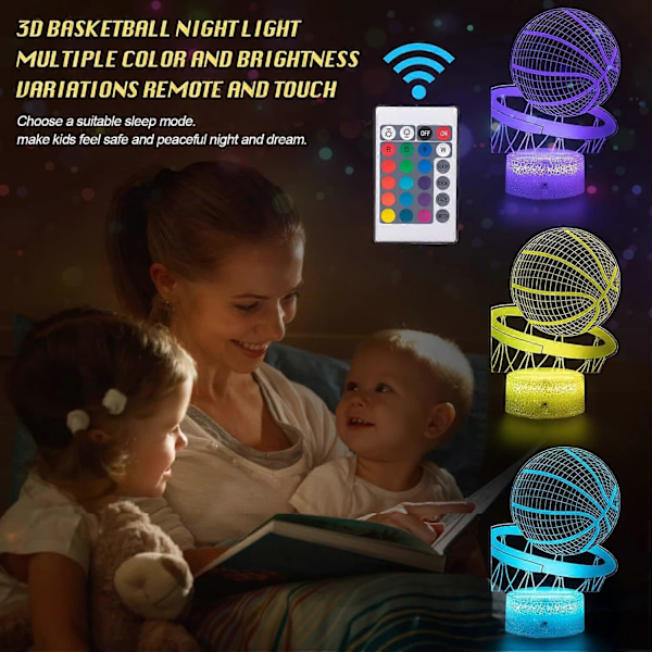 Koripallo Yövalo, 3D Illuusio LED-Lamppu, 16 Väriä Himmennettävissä Kaukosäätimellä Älykkäällä Kosketuksella, Paras Joulu- ja Syntymäpäivälahja 3,4,5,6,7,8 Vuotiaille