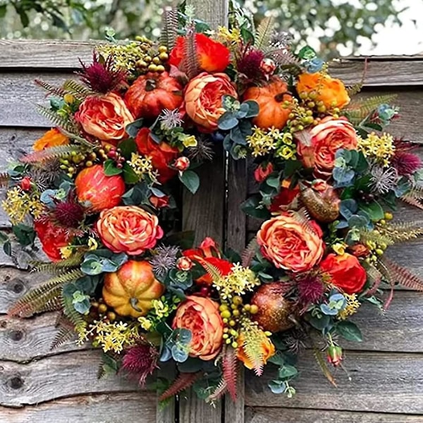 Efterårs Peony og Græskar Krans, Kunstig Thanksgiving Efterårskrans, Efterår Året Rundt Kranse