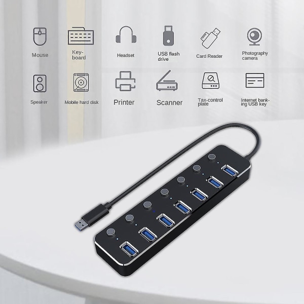 USB-hub 7 portar USB 3.0 5 Gbps Hub Splitter Extender med strömbrytare och LED för bärbar dator PC Svart