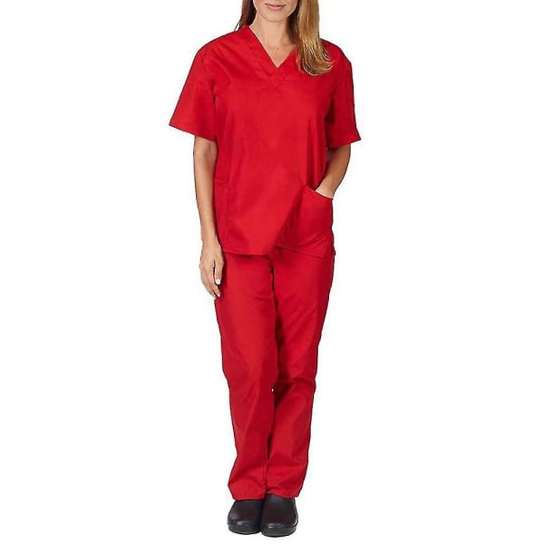 Unisex läkarrock och byxor skrubbset sjuksköterska tandläkare kostym för medicinsk användning Red 2XL