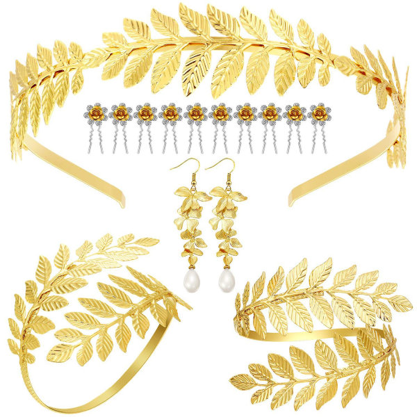 5 st Greek Goddess kostymtillbehör set för kvinnor gyllene blad hårbåge hårnål örhängen armband blad dinglande örhänge bröllop brudhuvudbonad del