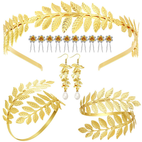 5 st grekiska gudinna set för kvinnor Golden Leaf Hårbåge Hårnålsörhängen Armband Löv Dangle Örhänge Brudbröllopshuvudstycke del