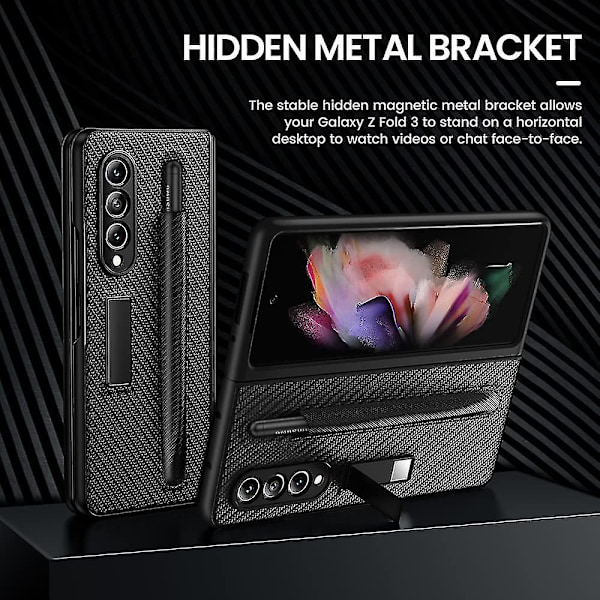 Læderetui Kompatibelt Med Samsung Galaxy Z Fold 3 Med S Pen Holder & Front Screen Protector Carbon black