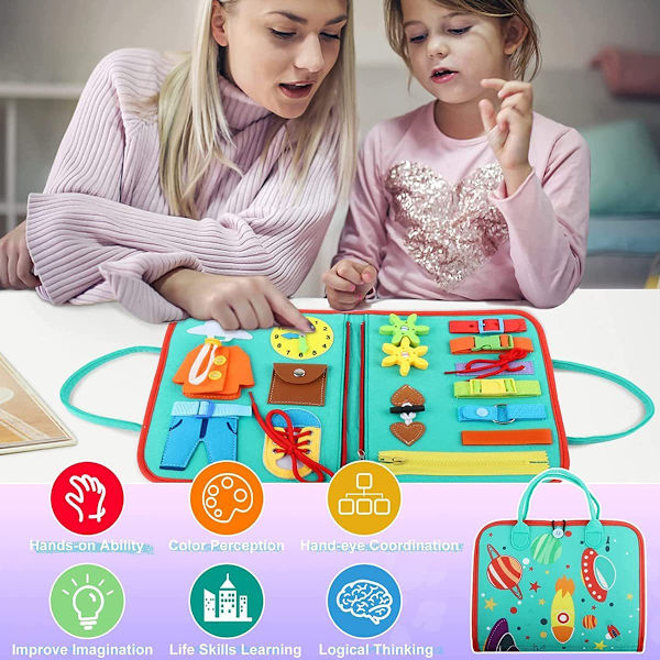 Montessori-leksak för småbarn, 4-lagers aktivitetsbräda, sensorisk leksak, Montessori-leksaker för pojkar 3 4 år, lär sig grundläggande livsfärdigheter Spaceship 2
