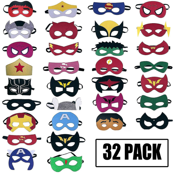 Superhjältemasker Festfavoriter för barn (32 förpackningar) filt och elastisk - Superhjältar födelsedagsfestmasker med 32 olika typer perfekta för barn--