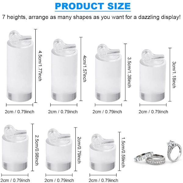 Set med 7 akrylringdisplaystativ, transparenta ringar