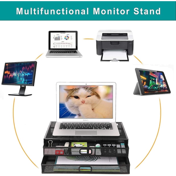 Monitorstativ med skuff Metallnett skrivebordsarrangør med dobbel uttrekkbar oppbevaringsskuff