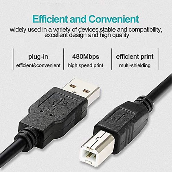 USB 2.0-skrivarkabel 3 meter, USB Typ A hane till B hane skrivare skannerkabel höghastighetskompatibel med HP, Canon, Dell, Epson, Lexmark, Xerox, Samsung