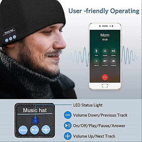 Bluetooth 5.0 Music Beanie, gave til mænd Bluetooth strikhue med stereohovedtelefoner og mikrofon håndfri tale (grå)
