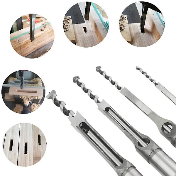 Fyrkantiga hålborr, 4 st träbearbetning mejsel fyrkantiga borr, spiralborr set mejselpress, träborr set mellanhålborr (6,4 mm / 8