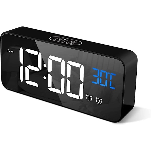 Digital väckarklocka, LED digital klocka bordsklocka med röststyrningsfunktion och temperaturvisning, spegelalarm med dubbel alarm snooze tid 4 Lev
