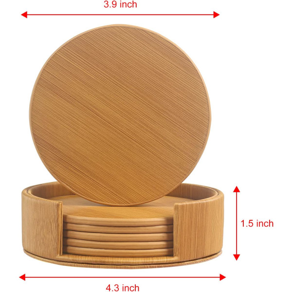 Juomien aluslautaset 6 kappaleen nahka-aluslautasen setti pidikkeellä, bambukuvioiset pyöreät aluslautat kodin ja keittiön käyttöön bamboo pattern