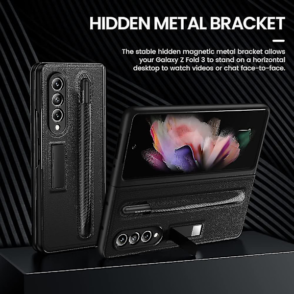 Læderetui Kompatibelt Med Samsung Galaxy Z Fold 3 Med S Pen Holder & Front Screen Protector Black