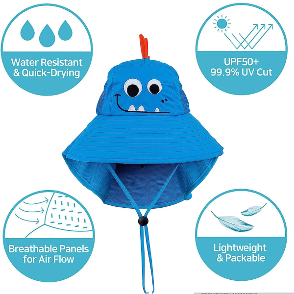 Solhatt for barn UPF 50+ Beskyttende hatt for gutter og jenter Bredbremmet strandhatt med netting og justerbar hakestropp