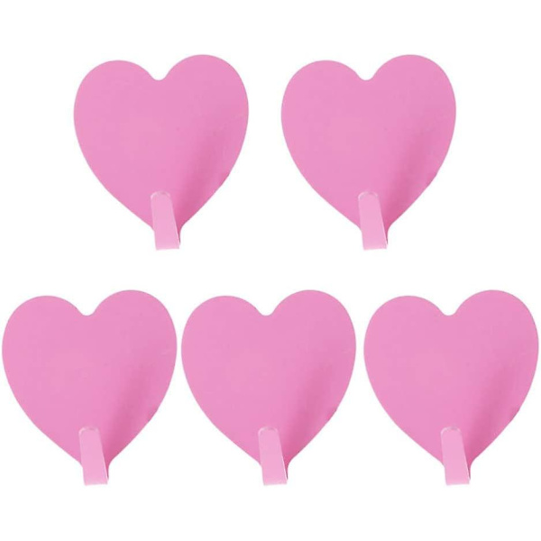 Väggmonterade klädkrokar, garderobskrokar, hjärtformade, multifunktionella, självhäftande dörrkrokar, hemorganiseringsverktyg, rosa, 5 st