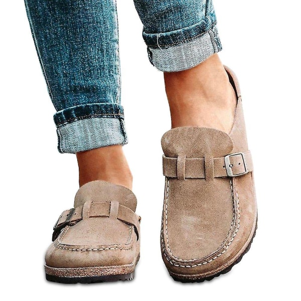 Naisten casual mukavat puukengät mokkanahkaiset sandaalit Kesäkotitoimistokengät Khaki 40