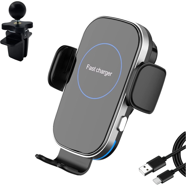 Trådløs bil lader montering, 15W Qi hurtiglading, automatisk klemmende bil lader iPhone Samsung, montering frontrute dashbord luftventil bil telefon lader, svart