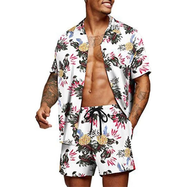 Hawaii blomsterskjorter for menn, korte buksersett Sommerstrandferie Uformelt kortermede topper + shorts-antrekk A M