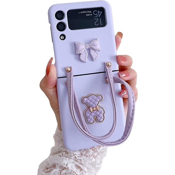 3d Bow Bear Case kompatibel Samsung Galaxy Z Flip 4 5g med armbåndsrem som kan foldes støtsikkert bakdeksel Purple