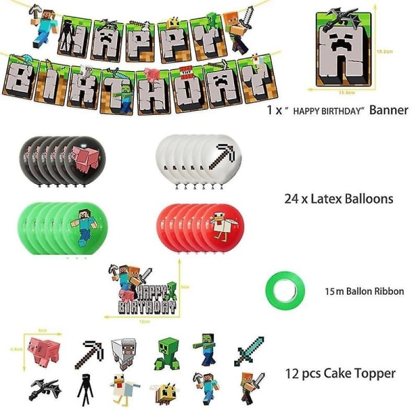 Minecraft-tema tillykke med fødselsdagen Ballonsæt Dekorationsudstyr Banner Pull Flag Kage Toppers Kits