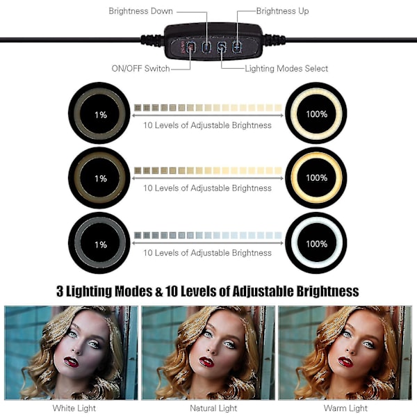 26cm/10 tuuman LED-rengasvalo, valokuvaus, täyttövalo, 3 valaistustilaa, säädettävä kirkkaus, USB-käyttöinen, joustava puhelinpidike YouTube-live-videoille