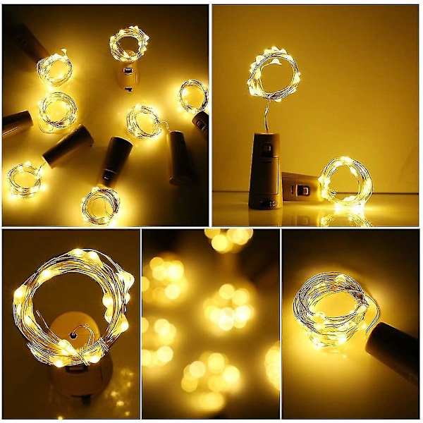 [12 Pak] Led Flaske Lyskæde Varm Hvid, 2m 20 Led Flaske Lys Kobber