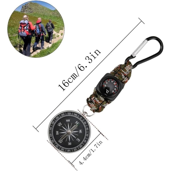 4-i-1 multifunksjonskompass nøkkelring - bærbar nøkkelringenhet med karabinkrok og kompass