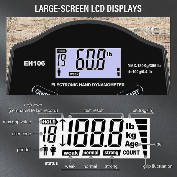 Grib Strength Tester, 396lbs/180kg Digital Hånddynamometer Grip Strength Meter Usb LCD-skærm Hånd