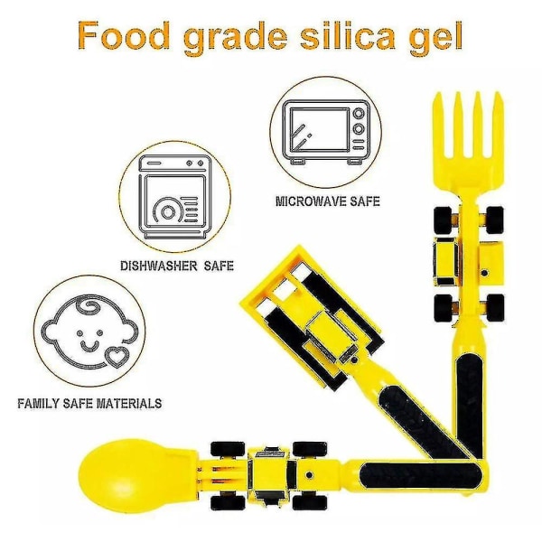 3-osainen lasten ruokailuvälinesarja, ruokailuvälineet lapsille, puskutraktori, kaivinkone, lapio, lusikka, haarukka, syöttöastiat, rakentava syöminen