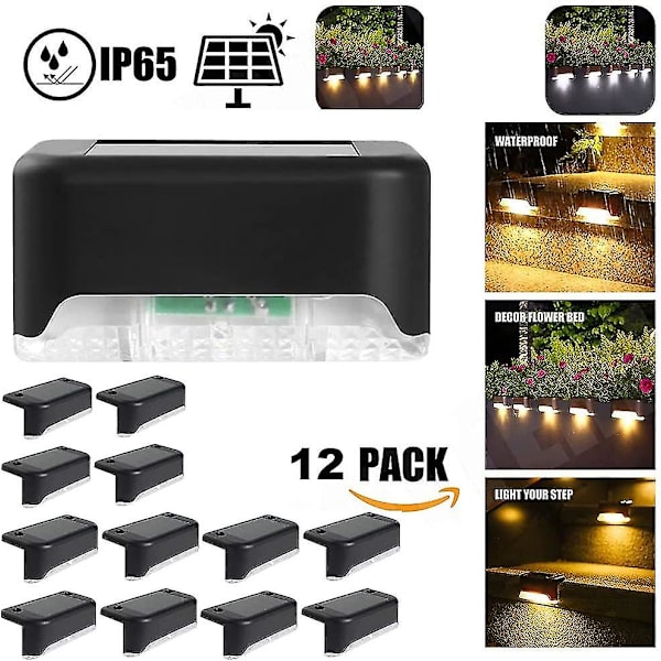Vandtæt solcelle hegn lys, solcelle dæk lys, trappe lys, Ip65 LED solcelle have lys til terrasse trappe hegn (varmt lys-sort, 12 stk)