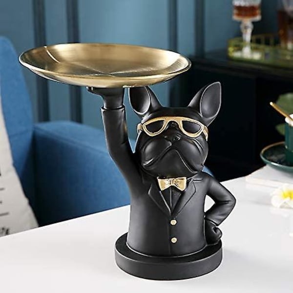 Cool Bulldog Skulptur Fransk Statue Med Rustfrit Stålbakke, Statue, Borddekoration, Mode, Møblering, Multifunktion, Skrivebordsopbevaring