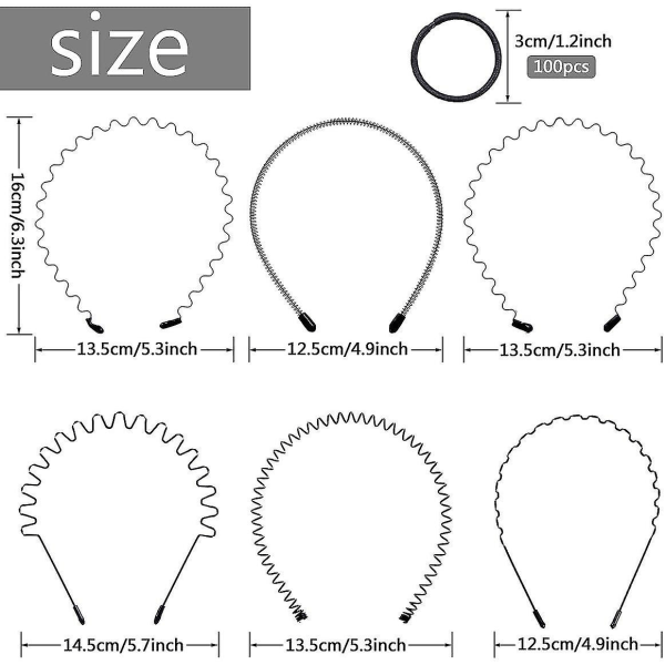6 stykker elastiske bølgede pandebånd, pandebånd Metal pandebånd til mænd pige (sort)