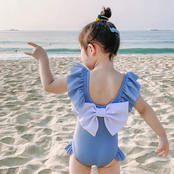 Baby flickor baddräkt  En-delad rutig baddräkt Strandbikini Leopard volanger Badkläder Outfits för 0-8 år, Blå (S)