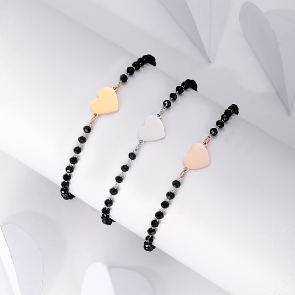 Hjerte Charm Armbånd i Rustfrit Stål med Sorte Perler - Enkelt Lykke Charm Armbånd (Guld) gold