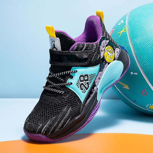 Pojkar Basketbollskor Mjuka halkfria Sneakers Barn Löparskor 2808 BlackPurple 32
