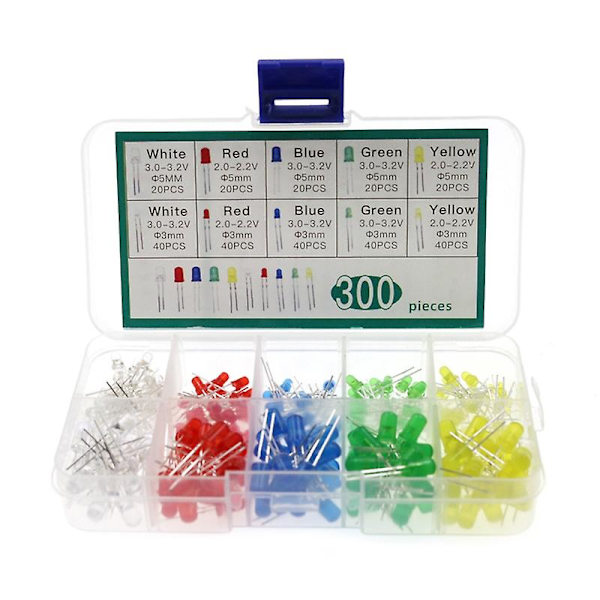 500 stk. LED-diodelys, 5 farver 5 mm og 3 mm lysdioder LED-assortiment