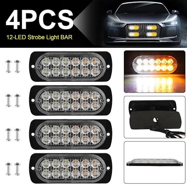 4 st 12LED Blinkande Strobbeljus för Lastbilar 12-24V Vit Amber