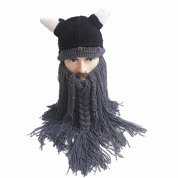 Kreativ Barbarisk Stickad Skägghatt Rolig Stickad Hatt Peruk Beanie Hatt Skägg Ansiktsmask (Grå)