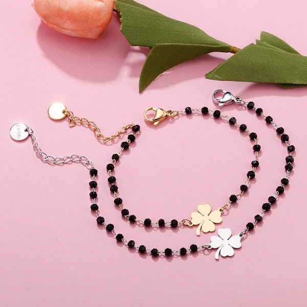 Lykkekløver Charm Armbånd Rustfrit Stål Sort Perle Enkel Lykke Charm Armbånd (Sølv) White