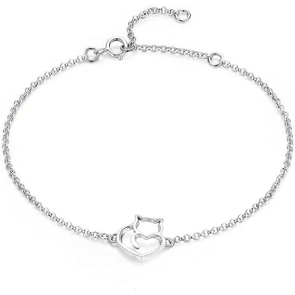 925 Sterling hopea naisten rannekoru tytöille ja naisille, kissakuvio (hopea) silver