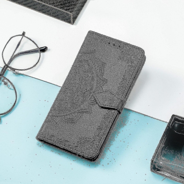 Realme C15 Case Nahkainen Lompakon Cover Kohokuvioitu Mandala Magneettinen Flip Protection Iskunkestävä - Musta