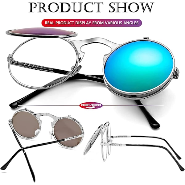 Pyöreät kääntyvät aurinkolasit miehille ja naisille - John Lennon -lasit 90-luvun retro steampunk -tyyli Silver-Green Mirror