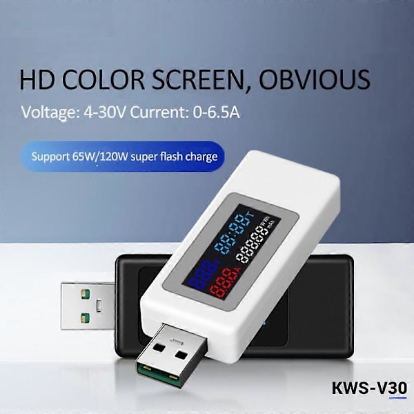 6 i 1 USB-testare DC4-30V IPS-skärm Digital Spänningseffekt Timing Kapacitetsmätare Detektor för Ström, Spänning, Vit