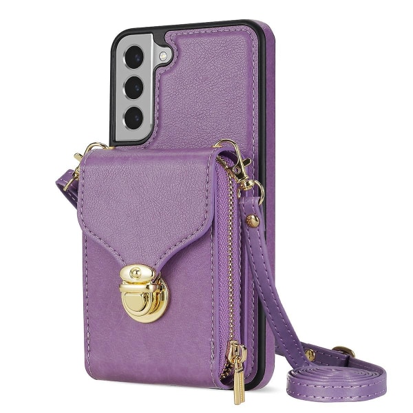 För Samsung Galaxy S22 5G PU +TPU- case Kickstand Dragkedja Cover med Crossbody-rem Purple