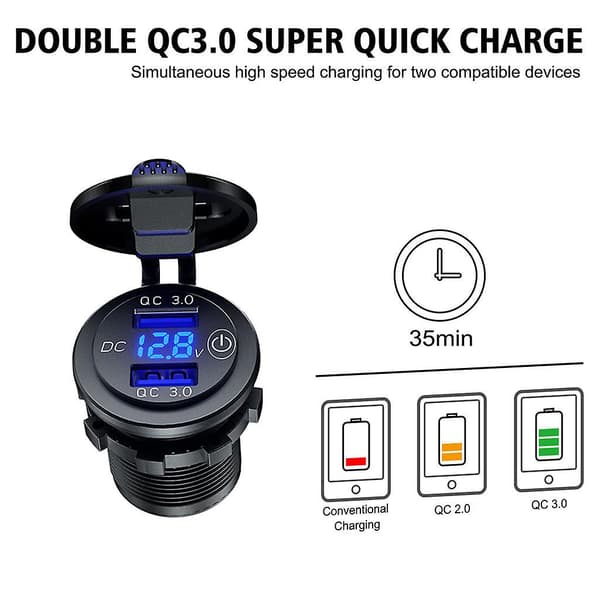 12v 24v Dobbel Qc3.0 Usb Billader Socket Med Berøringssvitsj Og Led Voltmeter